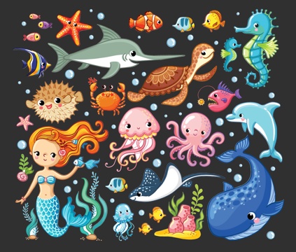  现代卡通海洋动物墙贴挂件 动物剪影 美人鱼 鲸鱼 海马 海星su模型 