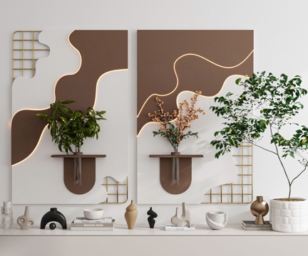  现代奶油风极简侘寂中古风挂画墙饰装饰画组合陈设品绿植3d模型 