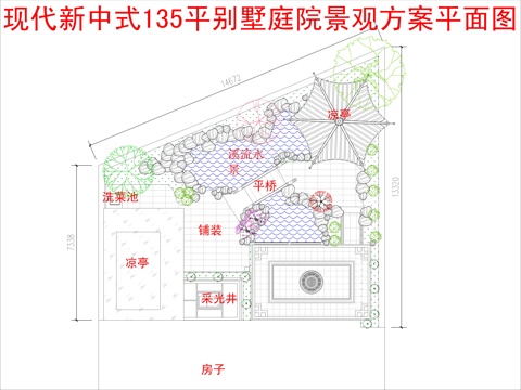  現(xiàn)代新中式135平別墅庭院景觀方案平面圖cad施工圖 