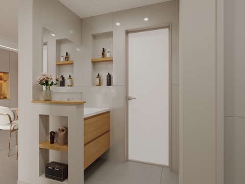  奶油原木风卫生间干区3d模型 