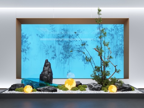  新中式室内景观 苔藓 景观石 室内造景su模型 