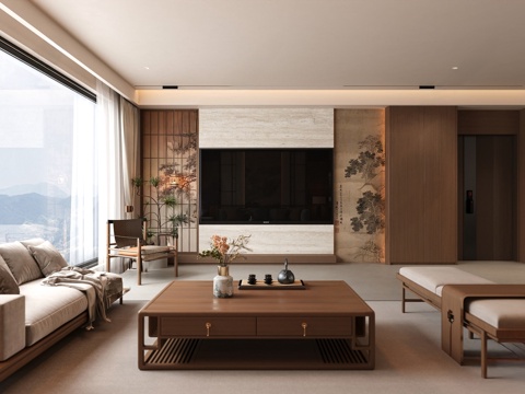  新中式家居客厅su模型 