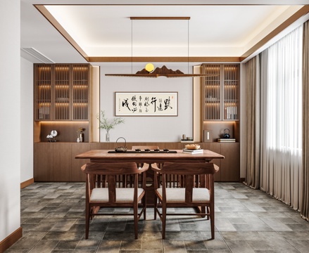  新中式中式茶室 茶室 茶桌椅 中式字画 茶室柜 茶具 新中式su模型 