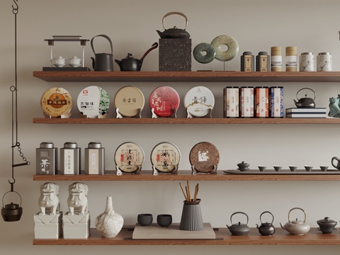  新中式茶具 茶叶 茶盘 茶杯 摆件 悬挂茶壶3d模型 