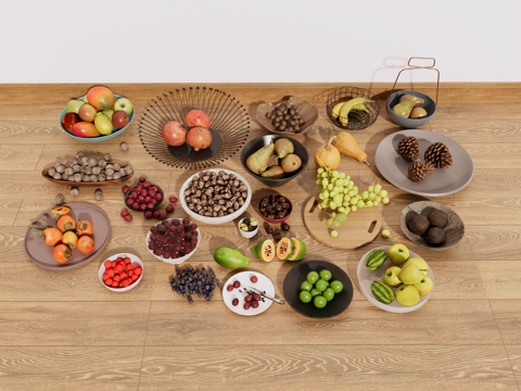  水果 果篮 果盘 苹果 石榴 香蕉 梨子 车厘子 葡萄su模型 