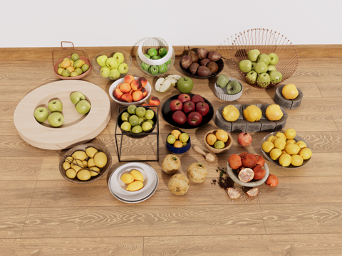  水果 果篮 果盘 苹果 青苹果 梨子 桃子 柠檬 石榴su模型 