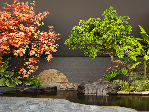  新中式日式水景 庭院景石水景  下沉庭院水景 植物造景su模型 