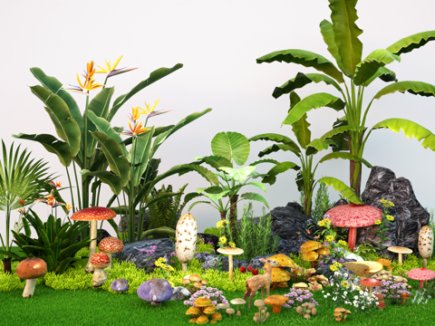  植物景观小品 野生蘑菇 菌菇 花卉花草花镜  石头su模型 