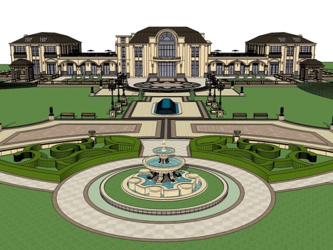  法式风格公园景观 欧式小品 雕塑 亭子 水景 建筑su模型 