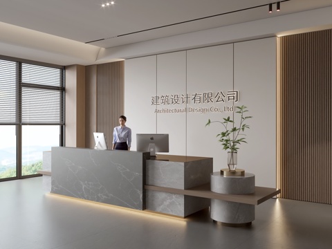  现代公司前台  接待区 吧台  接待台 服务台 公司前台背景3d模型 