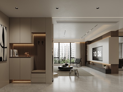  现代客餐厅全景 客厅 餐厅 挂画 吊灯 装饰柜3d模型 