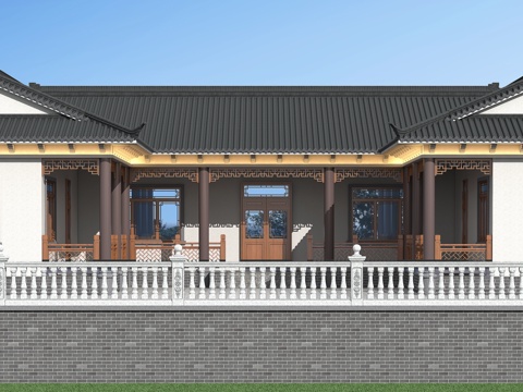  中式 新中式独栋别墅 一层自建房3d模型 