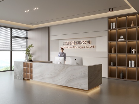  现代公司前台  接待区 吧台  接待台 服务台 公司前台背景su模型 
