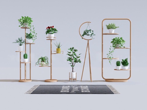  绿植盆栽组合 吊篮盆栽 植物置物架 创意花架 组合 植物摆件3d模型 