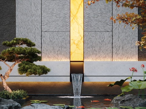  现代水景观 庭院水景 叠水流水 鱼池 景墙3d模型 
