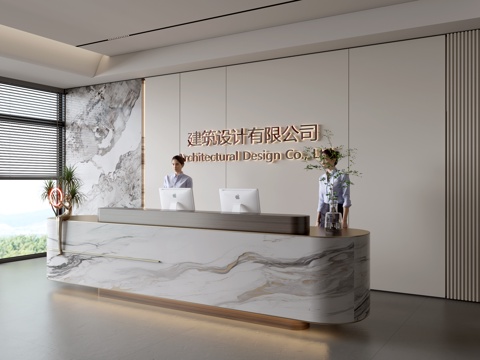  现代公司前台  接待区 吧台  接待台 服务台 公司前台背景su模型 
