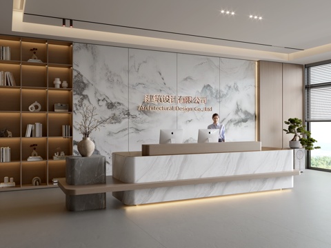  现代公司前台  接待区 吧台  接待台 服务台 公司前台背景3d模型 