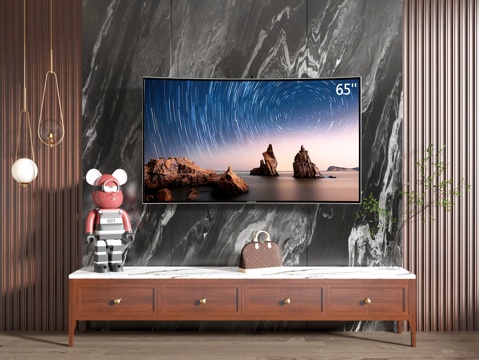  现代中式客厅电视柜大理石背景墙3d模型下载 简约自然装饰家居设计 带悬挂灯具木质面板组合 