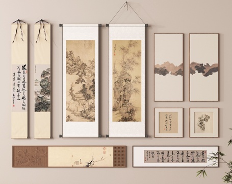  挂画 卷轴画 画框 水墨画 卷轴画 字画3d模型 
