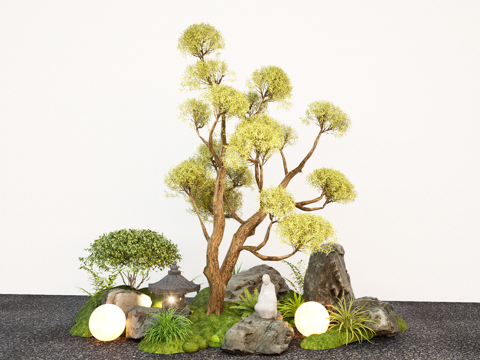  新中式庭院小品 多头造型乔木 景观灯 石头植物绿植su模型 