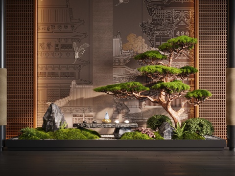  新中式室内景观 植物造景 松树 苔藓 景观石su模型 