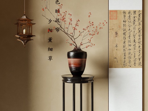  新中式花瓶花艺 插花花艺 挂画 吊灯3d模型 