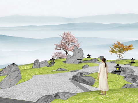  新中式枯山水地形 小桥景观桥 石头景观石 水钵 苔藓 庭院花su模型 