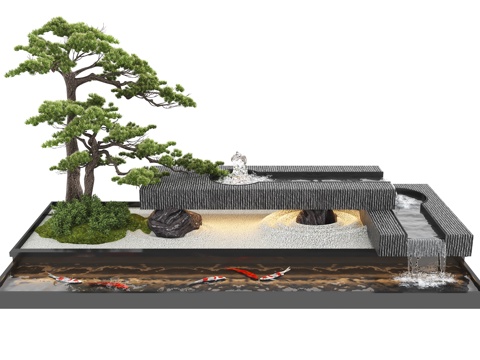  现代水景观 庭院水景 水钵流水 鱼池su模型 