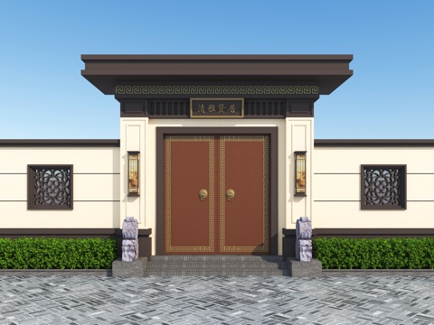  新中式大门 门头 别墅大门 庭院门 入户门su模型 