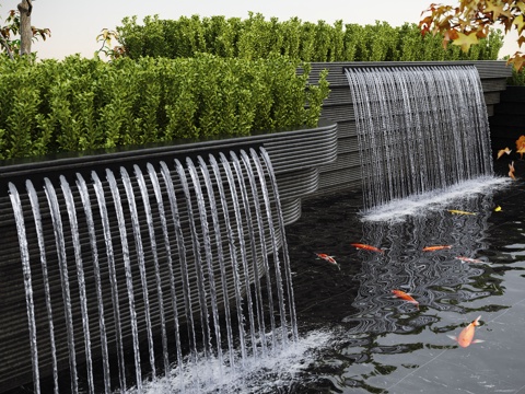  现代水景观 庭院水景 叠水 鱼池su模型 