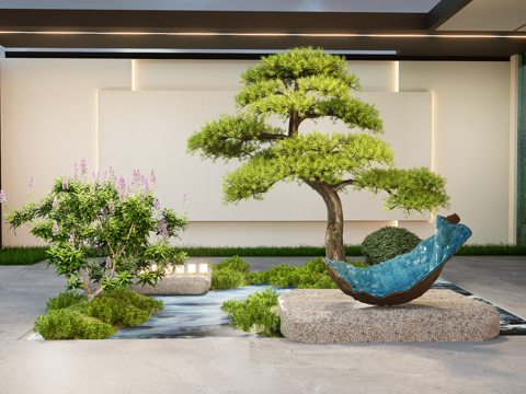  新中式庭院小品 门口景观  石头小品 植物景观su模型 