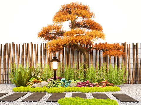  现代植物花草花境 地被佛甲草 汀步 罗汉松树 景观绿植堆su模型 