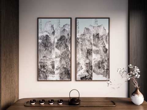  新中式山水画 禅意挂画 茶室挂画 挂画组合 山水画 挂画su模型 