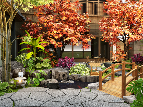  中式禅意枯山水 庭院景观小品  假山流水 植物景观su模型 