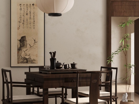  新中式茶桌椅 吊灯 挂画 茶桌椅组合3d模型 