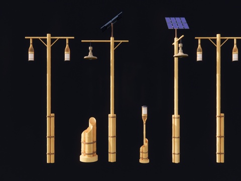 新中式竹制乡村路灯 乡村照明系统 太阳能路灯 生态灯光系统su模型