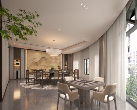  新中式餐饮包间棋牌桌椅3d模型 