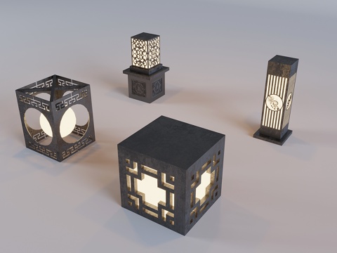  户外庭院景观灯 新中式草坪灯 草地灯灯柱灯箱3d模型 