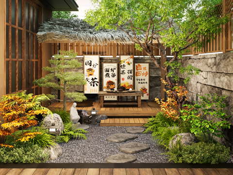  日式居家庭院景观 枯山水园艺 石头 花草植物 汀步 禅意景观su模型 