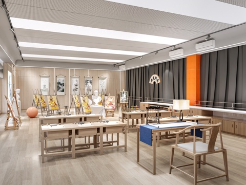  现代书法教室 美术教室 艺术培训教室su模型 