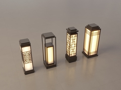  现代中式景观灯 草坪灯 庭院灯 户外灯组合3d模型 