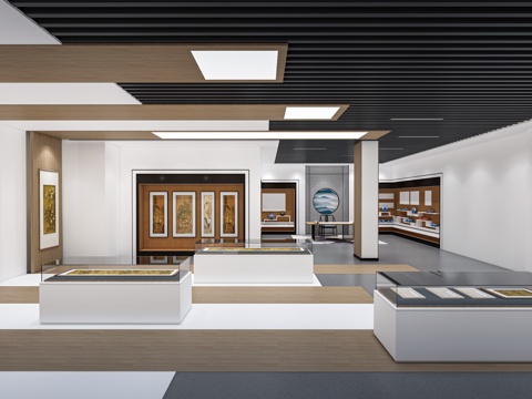  现代展厅 博物馆 展览馆 展柜 展架su模型 