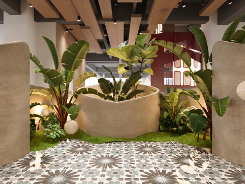  现代室内景观 餐厅绿植造景su模型 
