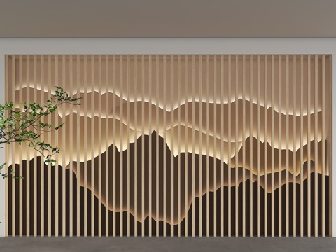  新中式格栅背景墙 山水背景墙 山水格栅背景墙 流行画背景 格3d模型 
