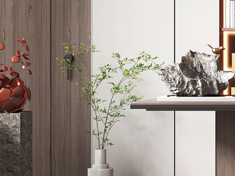  现代盆栽 盆景 摆件 装饰品 石头 新中式盆栽 简约 玄关3d模型 