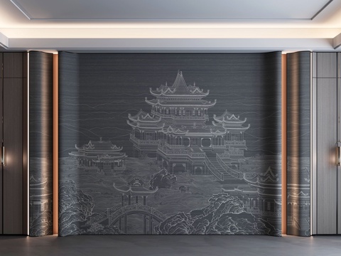  新中式背景墙3d模型 