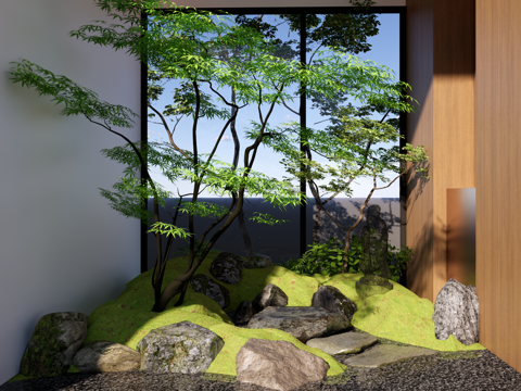  天井庭院青苔景石禅意景观su模型 