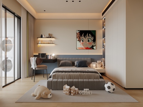  现代男孩房挂画衣柜书桌电脑桌层板3d模型 