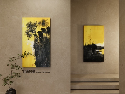  侘寂风装饰画 漆金挂画 抽象山水画 挂画组合 禅意挂画 挂画su模型 