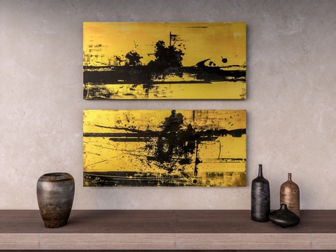  侘寂风装饰画 漆金挂画 抽象山水画 挂画组合 禅意挂画 挂画su模型 